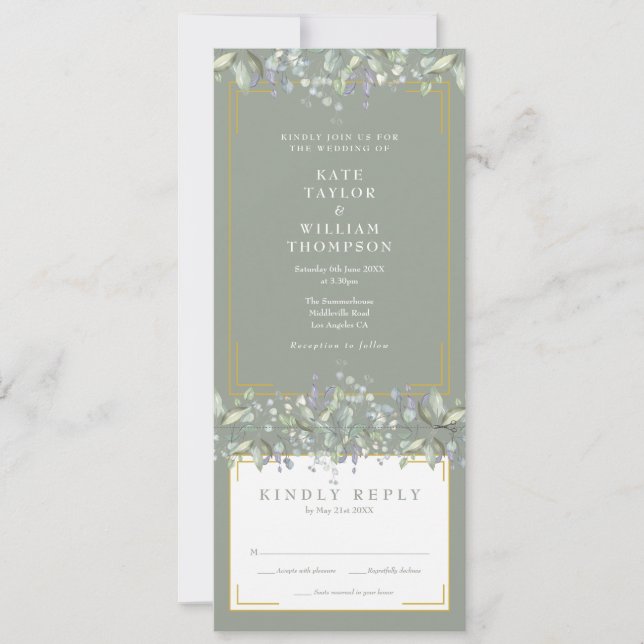 Convite de Casamento Lilás Folhagem Floral Verde S (Frente)