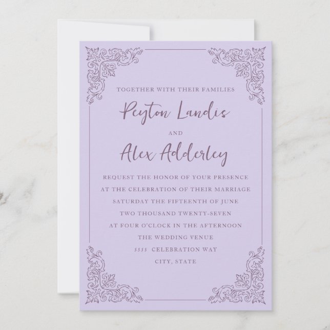 Convite de Casamento Lilás Roxo Vintage Elegante (Frente)