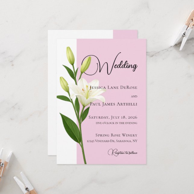 Convite de Casamento Lírio Branco Rosa Suave (Frente/Verso In Situ)