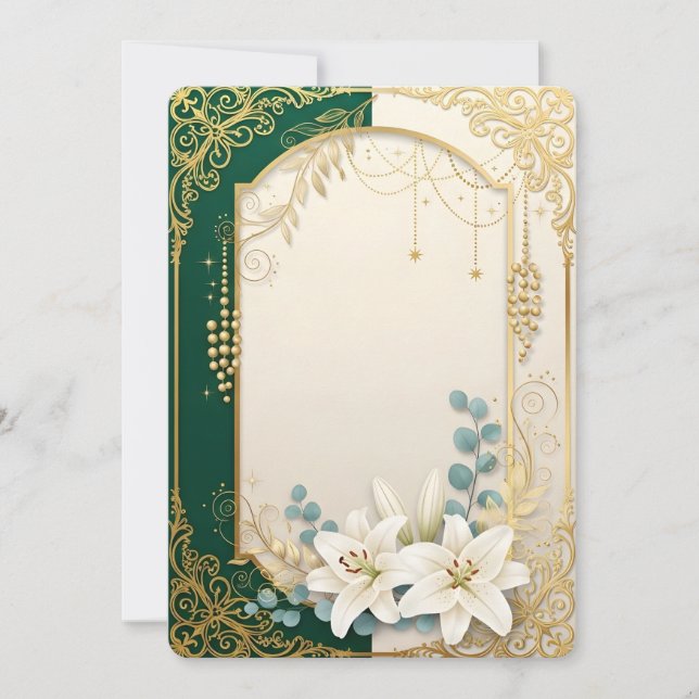 Convite de Casamento Lírio Verde Esmeralda e Doura (Frente)