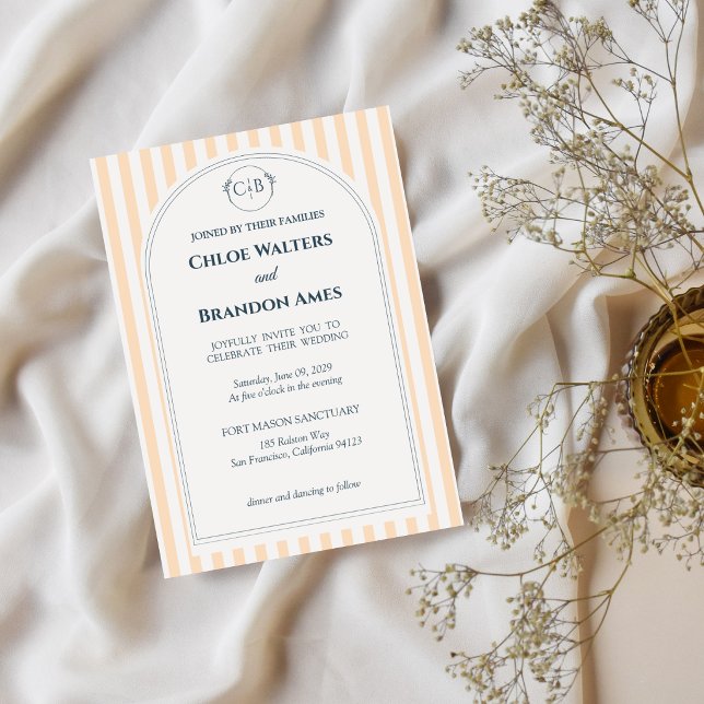 Convite de Casamento Listrado de Pêssego e Creme (Criador carregado)