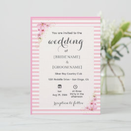 Convite de Casamento Listrado Floral Rosa