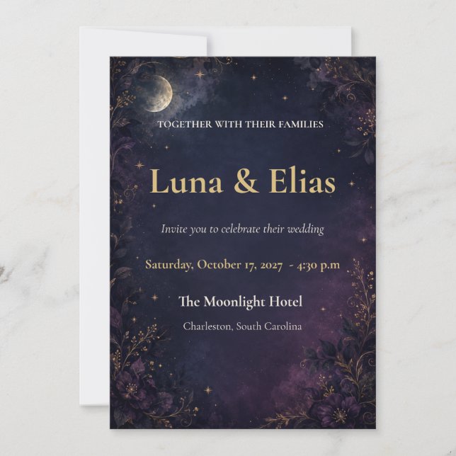Convite de Casamento Lua Celestial Gótico Editável (Frente)