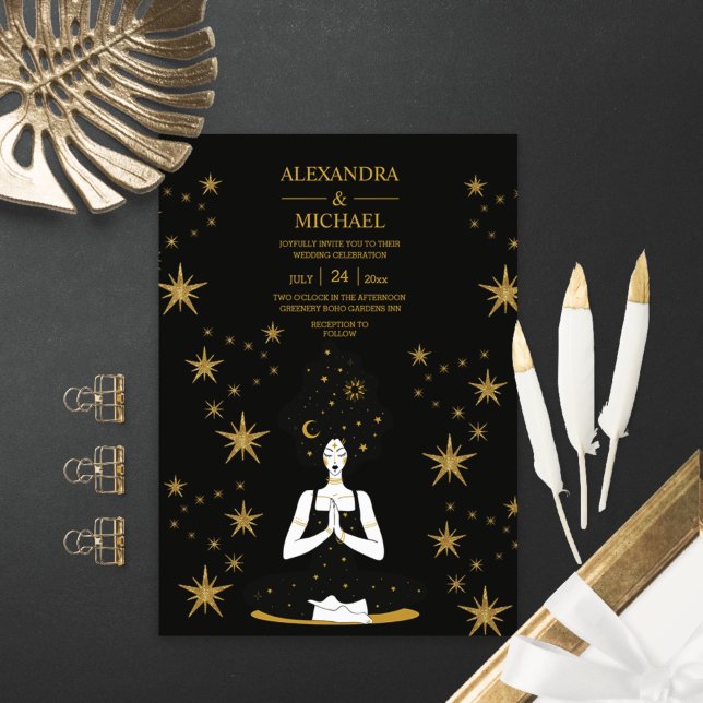 Convite de Casamento Lua Celestial Ouro Preto Míst (Criador carregado)