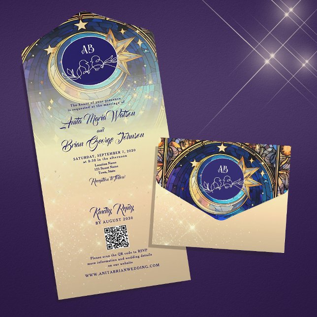 Convite de Casamento Lua e Estrelas Tudo Em Um (Criador carregado)