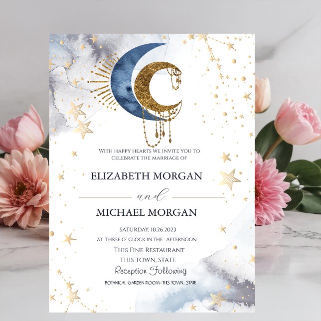Convite de Casamento Luas Celestiais, Estrelas (Criador carregado)