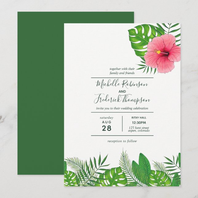Convite de casamento Luau havaiano aquarela (Frente/Verso)