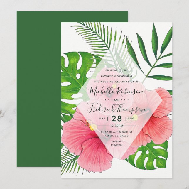 Convite de Casamento Luau Havaiano Aquarela Aloha (Frente/Verso)