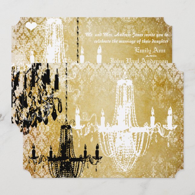 Convite de Casamento Lustre Dourado Damask Vintage (Frente/Verso)