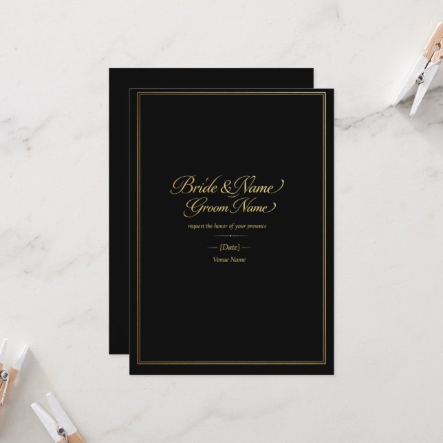 Convite de Casamento Luxo Dourado | Preto & D Eleg (Frente/Verso In Situ)