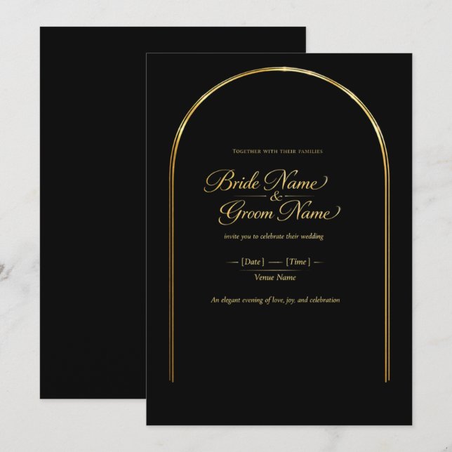 Convite de Casamento Luxo Dourado | Preto & Dourad (Frente/Verso)