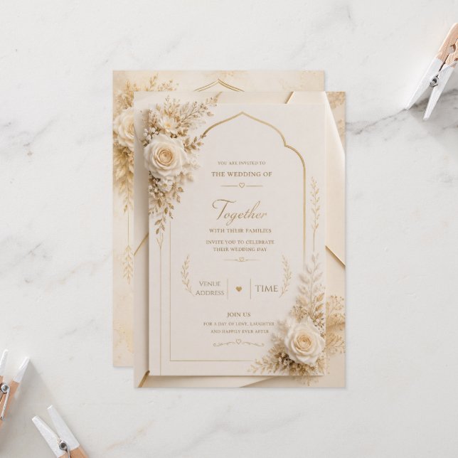 Convite de Casamento Luxo Marfim Dourado (Frente/Verso In Situ)