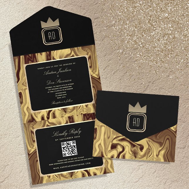 Convite de Casamento Luxo Mármore Dourado Preto Mo (Criador carregado)
