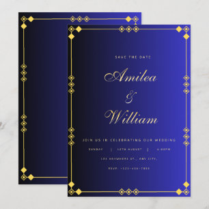Convite de Casamento Luxuoso Azul e Dourado – Eleg