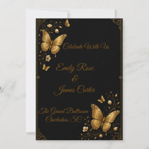 Convite de Casamento Luxuoso Borboleta Preto Doura