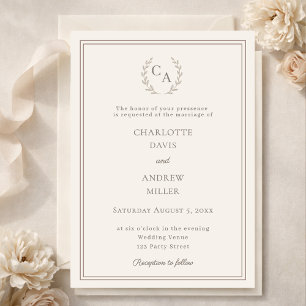 Convite de casamento luxuoso com monograma e coroa