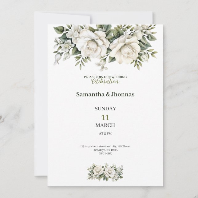 Convite de casamento luxuoso com rosas brancas dou (Frente)