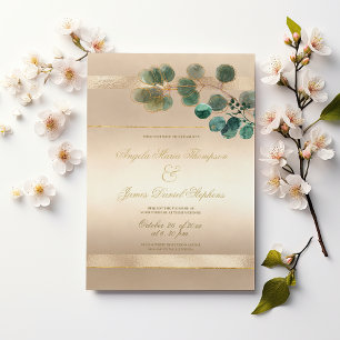 Convite de casamento luxuoso dourado com folhas ve