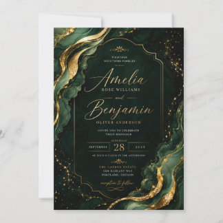 Convite de Casamento Luxuoso Esmeralda Mármore e O