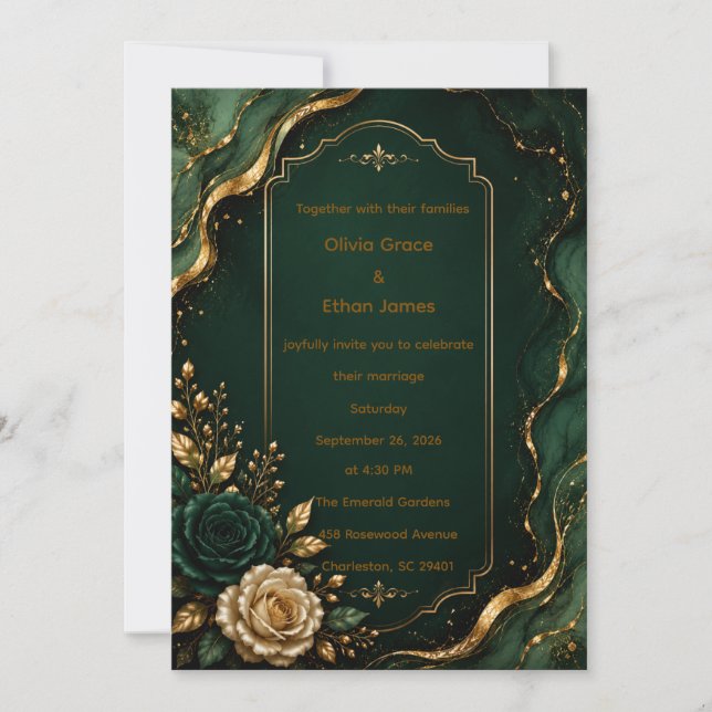 Convite de Casamento Luxuoso Esmeralda Mármore e O (Frente)