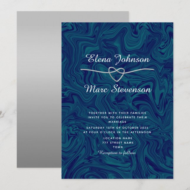 Convite de Casamento Luxuoso Mármore Prata Azul (Frente/Verso)
