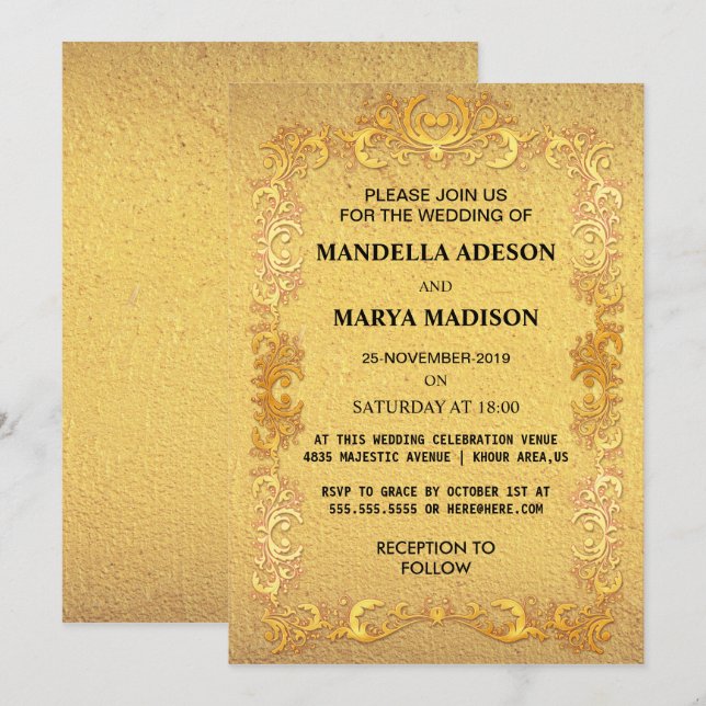 Convite de Casamento Luxuoso Ornamentado a Ouro (Frente/Verso)