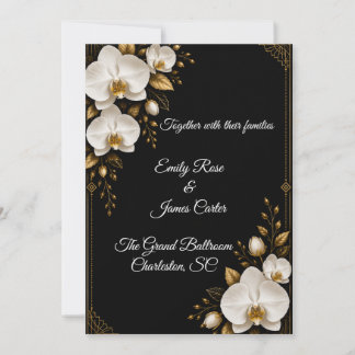 Convite de Casamento Luxuoso Preto Dourado & Orquí