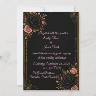 Convite de Casamento Luxuoso Preto Dourado & Rosa