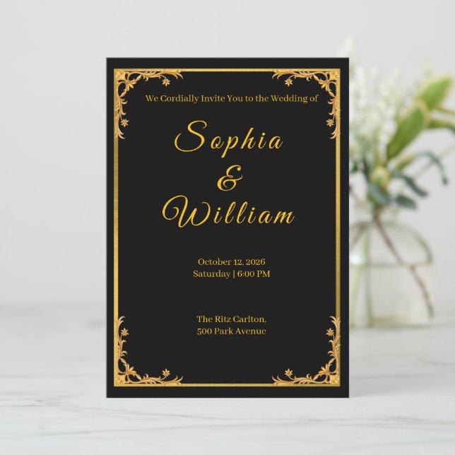 Convite de Casamento Luxuoso Preto e Dourado com E (Em pé/Frente)