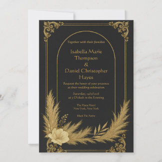 Convite de Casamento Luxuoso Preto e Dourado Elega