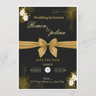 Convite de Casamento Luxuoso Preto e Dourado Elega