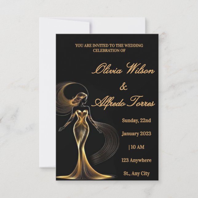 Convite de Casamento Luxuoso Preto e Dourado Elega (Frente)