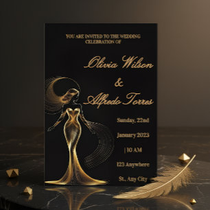 Convite de Casamento Luxuoso Preto e Dourado Elega