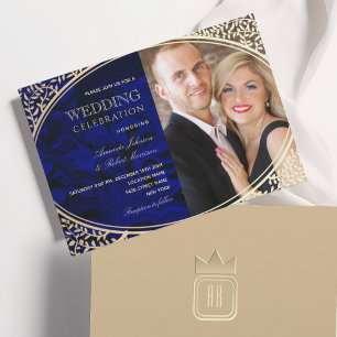 Convite de Casamento Luxuoso Royal Blue e Dourado 