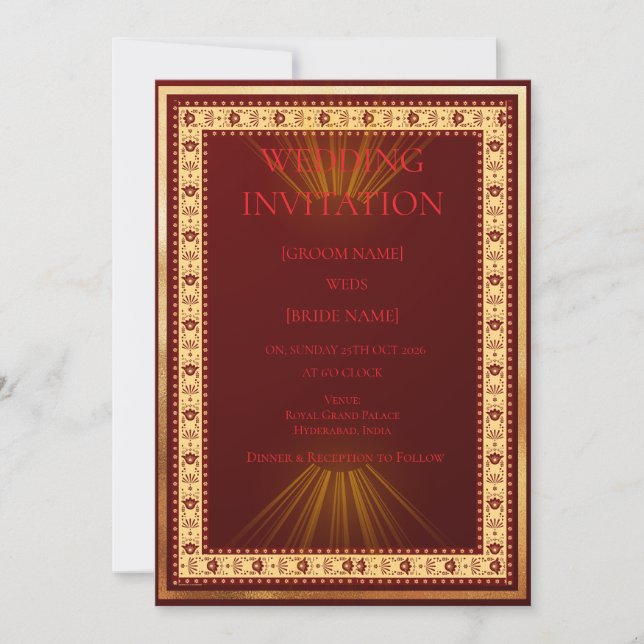 Convite de Casamento Luxuoso Vermelho e Dourado (Frente)