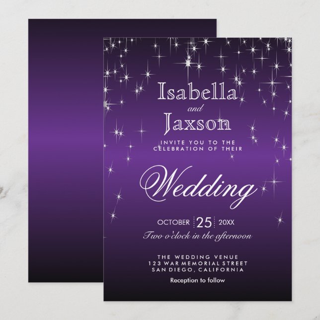 Convite de Casamento Luzes Estrela Roxa Elegante (Frente/Verso)