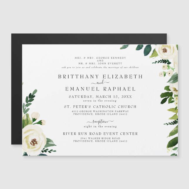 Convite de Casamento Magnético Floral Branco Simpl (Frente/Verso)