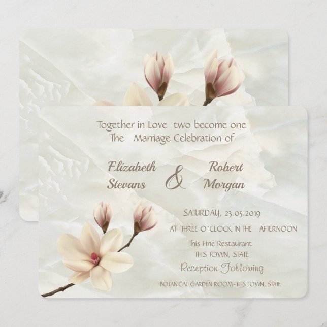Convite de Casamento Magnólia Chic Elegante, Mármo (Frente/Verso)