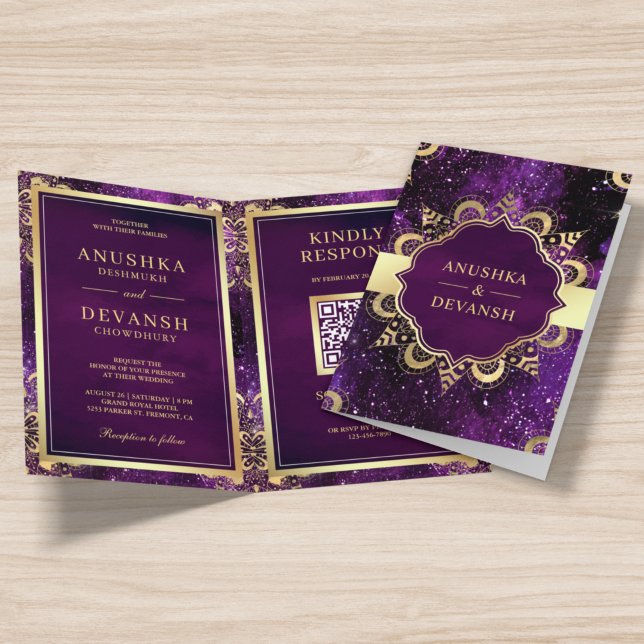 Convite de Casamento Mandala Dourada Galáxia Roxa  (Criador carregado)