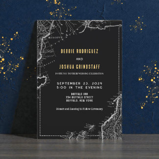 Convite de Casamento Mapa Antigo Dourado em Preto