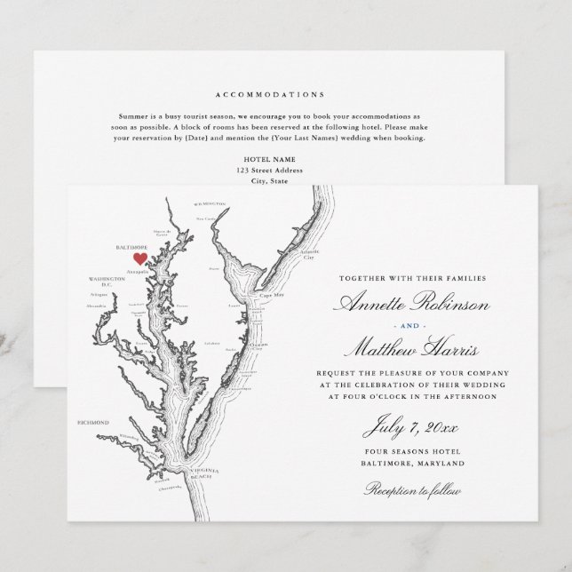 Convite de Casamento Mapa da Baía de Chesapeake em (Frente/Verso)