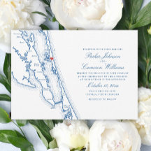 Convite de Casamento Mapa da Corolla NC Azul Naval