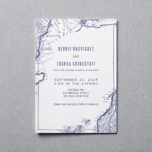 Convite de Casamento Mapa Vintage Azul sobre Branc