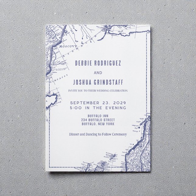 Convite de Casamento Mapa Vintage Azul sobre Branc (Criador carregado)