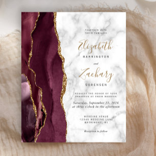Convite de casamento Marble Agate Dourado Burgundy