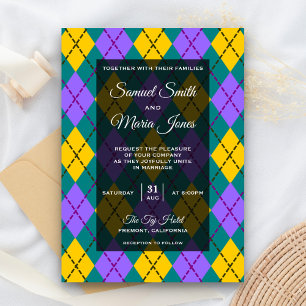 Convite de Casamento Mardi Gras Amarelo Roxo Argyl