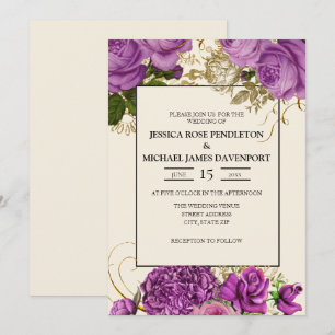 Convite de Casamento Marfim Floral Roxo Elegante e