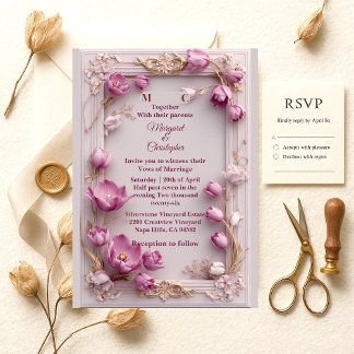 Convite de Casamento Marfim Opulento Barroco com T