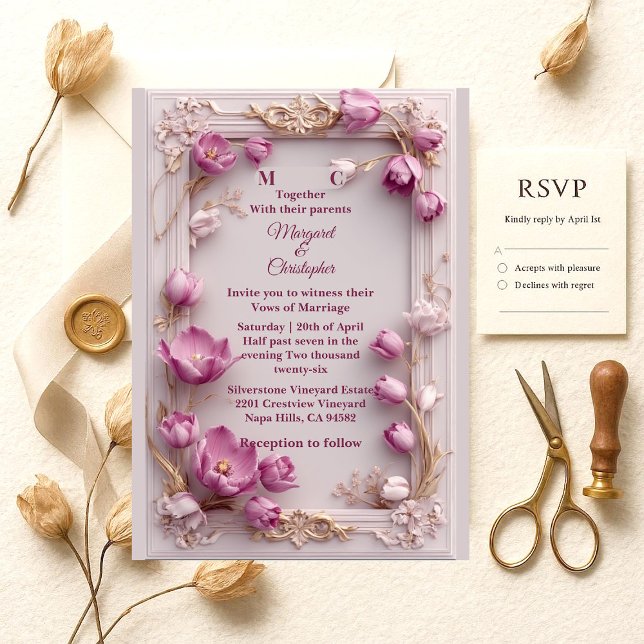 Convite de Casamento Marfim Opulento Barroco com T (Blush Pink Tulips Baroque Opulent Ivory Wedding Invitation)