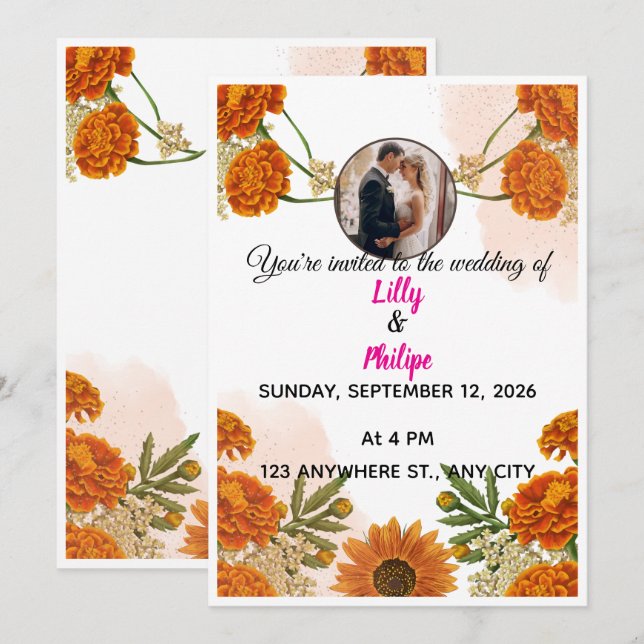 Convite de Casamento Marigold Laranja Queimada (Frente/Verso)
